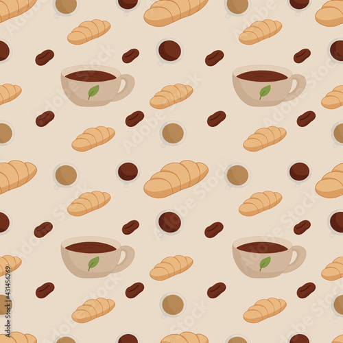 Coffee and croissant. French breakfast seamless pattern. Vector illustration
