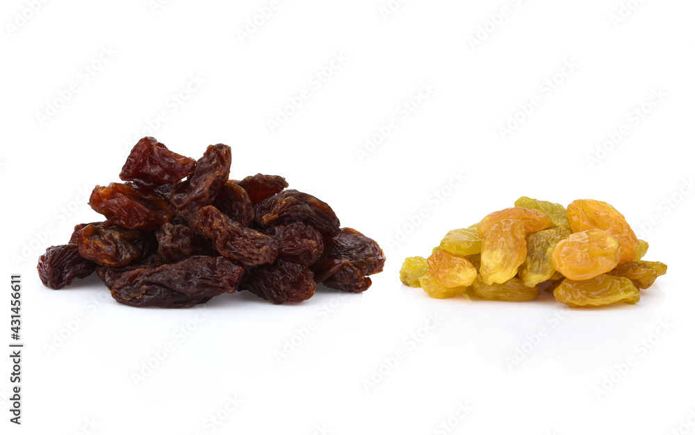 Yellow and black heap of raisins on a white background. isolated