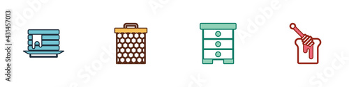 Set Stack of pancakes, Honeycomb, Hive for bees and dipper stick with honey icon. Vector