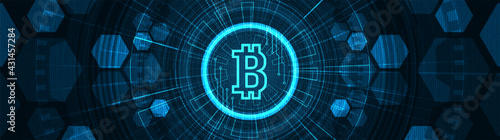 Panorama Abstract Digital Bitcoin Crypto Currency on Technology background, Blockchain and Finance concept,Vector.
