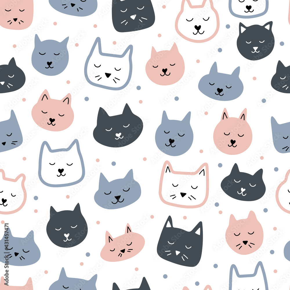 Seamless pattern with cute pink and grey cats. Hand drawn vector illustration. Trendy texture for textile, print, packaging.