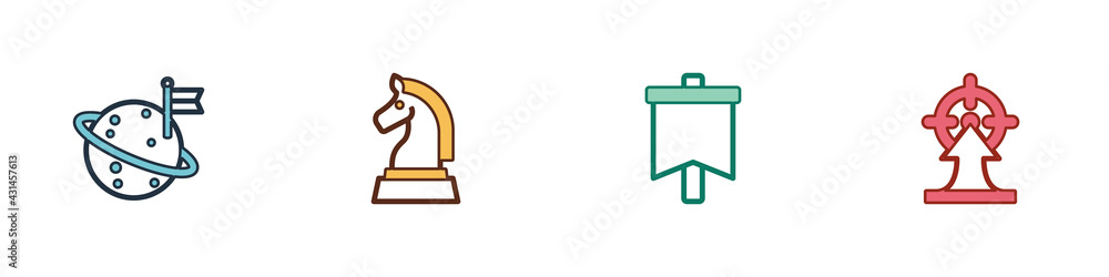 Set Moon with flag, Chess, Flag and Target icon. Vector