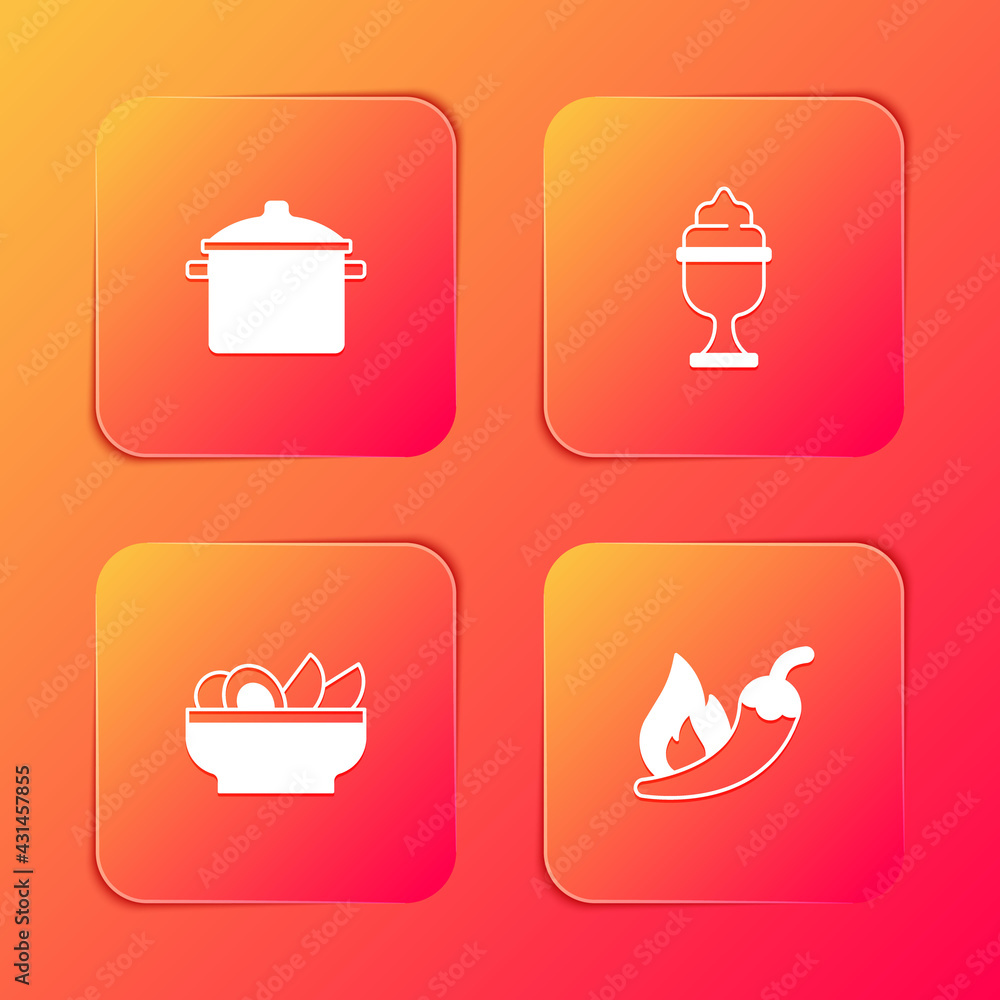 Set Cooking pot, Ice cream bowl, Nachos plate and Hot chili pepper pod icon. Vector