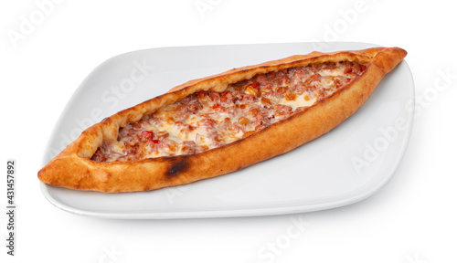 Turkish boat-shaped flatbread pide isolated on white photo