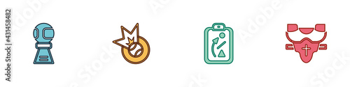 Set Award cup with baseball ball, Baseball, Planning strategy and Player chest protector icon. Vector