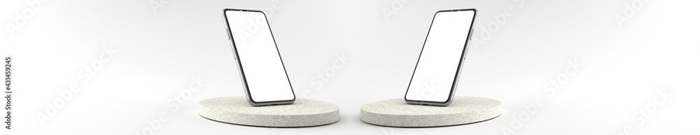 3D rendering of The Smartphones white screen on Round marble Pedestal, Mobile phone mockup tilted to the ground. Pedestal can be used for commercial advertising, Isolated on Minimal white background.