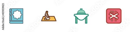 Set Holy book of Koran, Muslim man prays, Table food and Ramadan fasting icon. Vector
