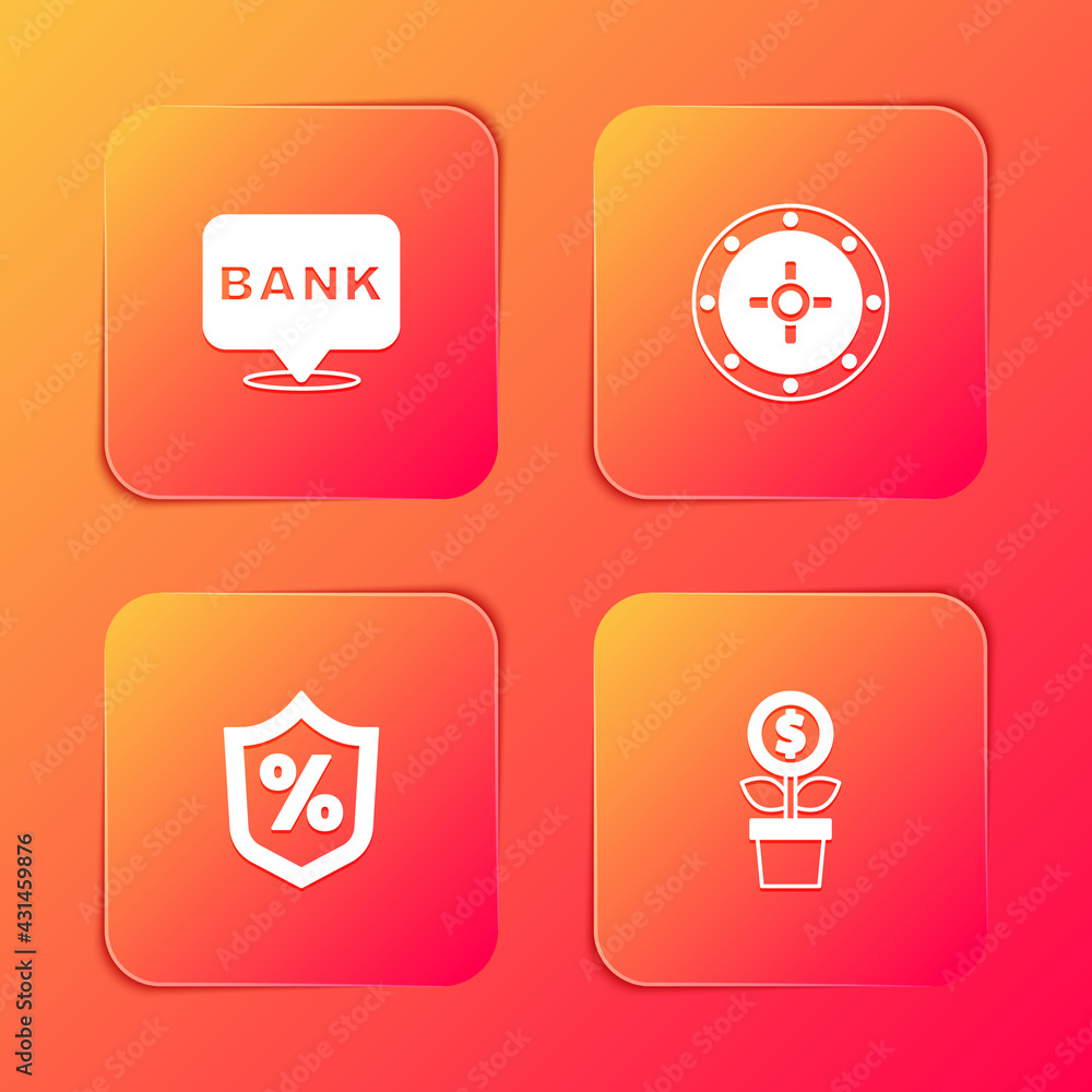 Set Bank building, Safe, Loan percent and Dollar plant icon. Vector Set Bank building, Safe, Loan percent and Dollar plant icon. Vector