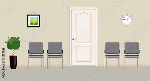 Four grey chairs and wall clock in waiting room. Concept of hiring