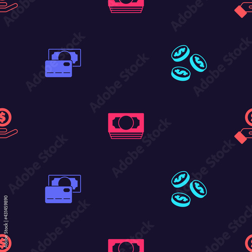 Set Coin money with dollar, Credit card, Stacks paper cash and Hand giving on seamless pattern. Vector