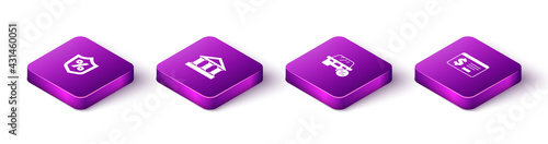 Set Isometric Loan percent, Bank building, Car leasing and Online banking with dollar icon. Vector