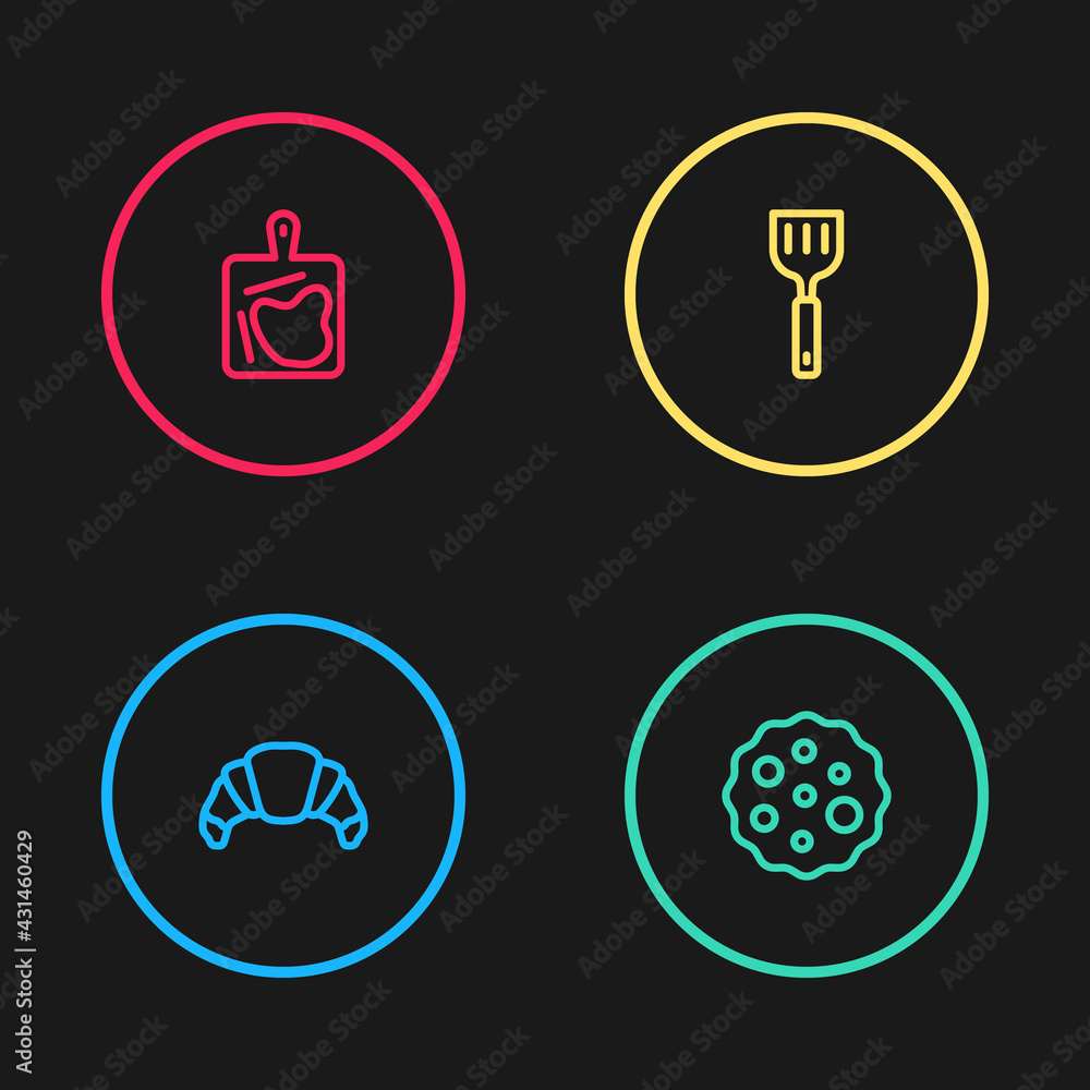Set line Croissant, Cookie or biscuit, Spatula and Cutting board icon. Vector