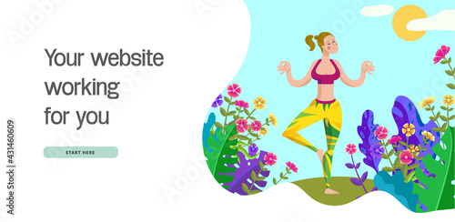 Yoga and meditation. Use it for sport, recreation, yoga or health care poster design. Cartoon style girl in yoga pose.