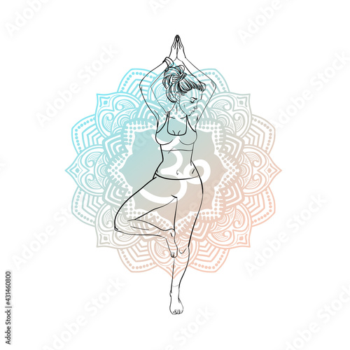 Cartoon style gril and mandala. Yoga and meditation. Use it for sport, recreation, yoga or health care poster design.