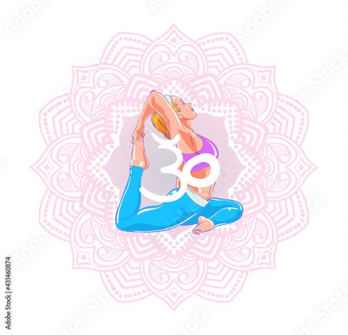 Cartoon style gril and mandala. Yoga and meditation. Use it for sport, recreation, yoga or health care poster design.