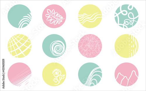 Big vector highlights cover icon set for social media stories. Abstract collection backgrounds with shapes, nature doodle, dots and lines. Hand drawn round templates for contemporary bloggers. © Olha