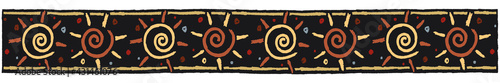 Ethnic border with schematic sun, color on black. Linear border made in tribal style, made from hand-drawn drawings.