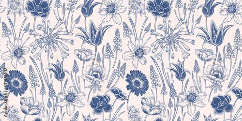 Blue and white cover. Floral seamless pattern. Vintage spring background.  Vector.