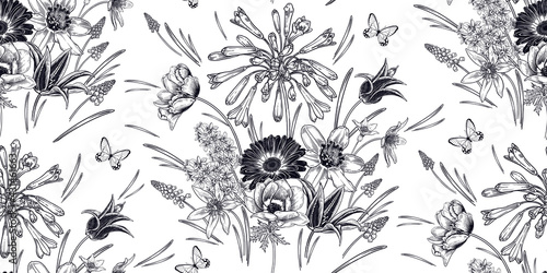 Spring Vintage Seamless pattern. Flowers and butterflys. Black and white. Vector.