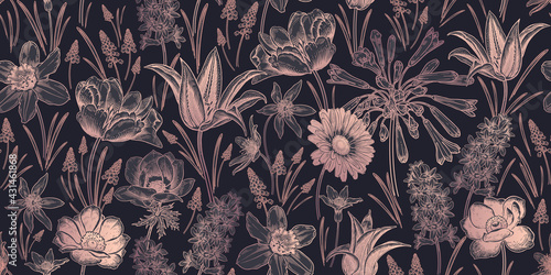 Spring background. Floral seamless pattern. Vector. Vintage.