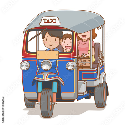 Cartoon illustration of people travelling by tuk tuk.