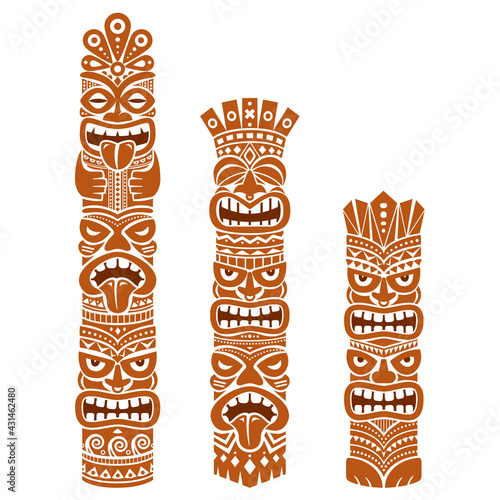 Hawaiian and Polynesia Tiki pole totem vector design - brown tribal folk art background, two or three heads statue 
