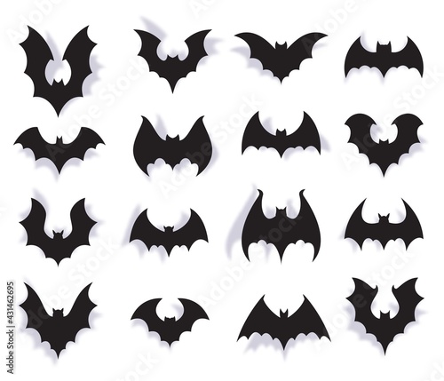 Paper bats. Halloween symbol of creepy flying animal with wings. 3d vampire party decoration. Scary bat horror black silhouettes vector set