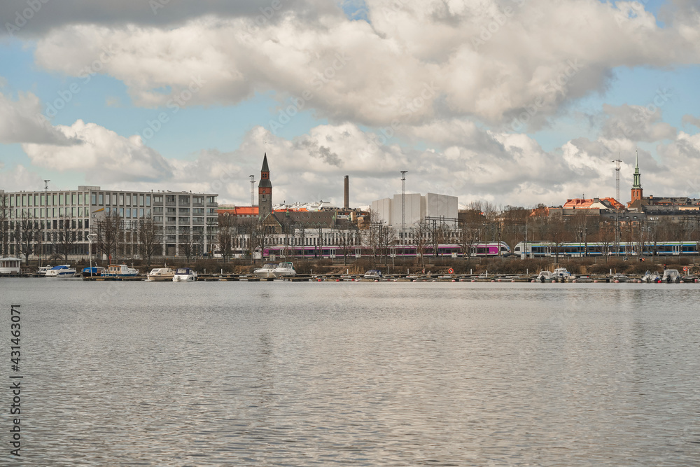 Helsinki. Finland 28 April 2021. Embankment. Herttoniemi. Sunny spring day. Helsinki. Finland 28 April 2021. Embankment. Herttoniemi. Sunny spring day.