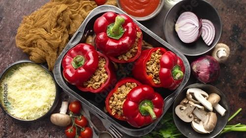 Wallpaper Mural Red bell stuffed paprika peppers in iron cooking pot with various ingredients on side Torontodigital.ca