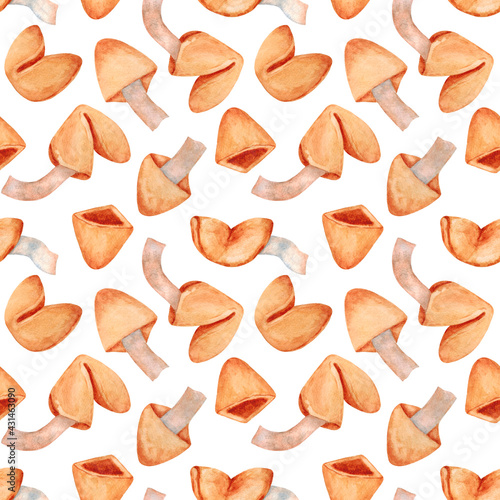 Fortune cookies. Cookie with predictions. Chinese Christmas cookies. Seamless pattern on a white background. Set objects isolated on a white background. The illustration is hand-drawn with watercolor.