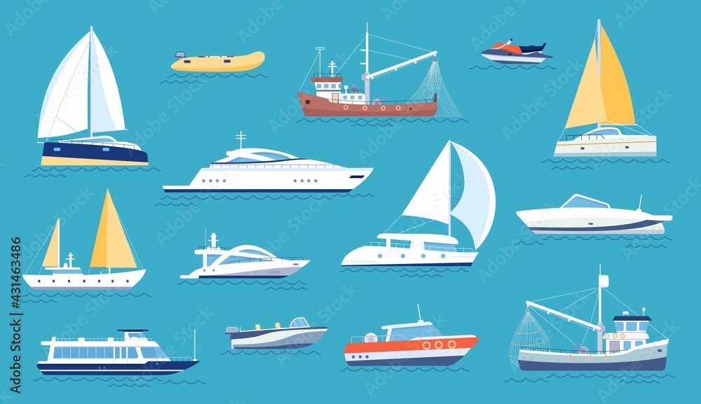 Yachts and sailboats. Small sea transport, motorboat and fishing ship. Flat marine regatta boat, ocean vessel with sail or motor, vector set Yachts and sailboats. Small sea transport, motorboat and fishing ship. Flat marine regatta boat, ocean vessel with sail or motor, vector set