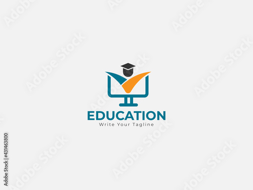 Education Logo online class concept, computer, human, hat, people in computer 