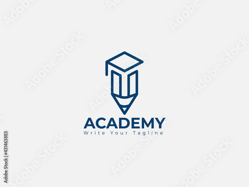 Minimal education logo design template, the concept for academy, graduation. Pen, pencil, and cap iconic concept.