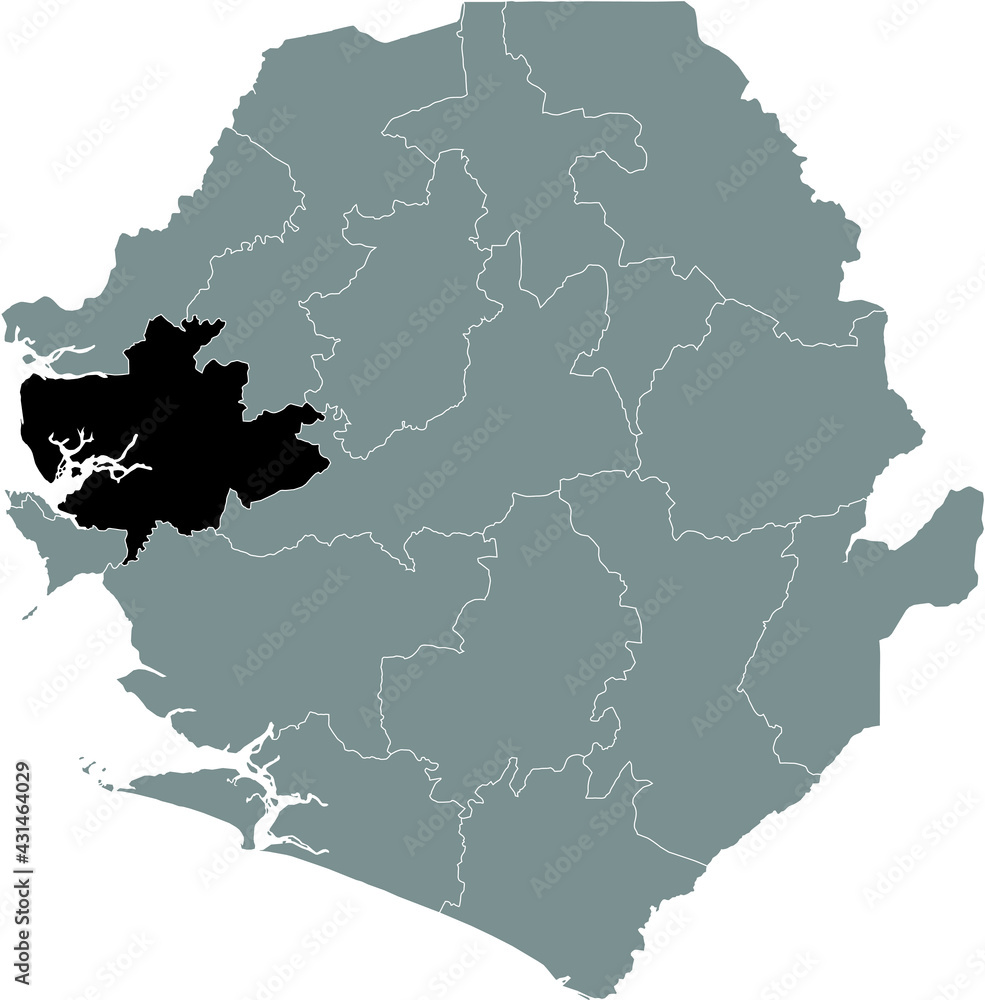 Obraz premium Black highlighted location map of the Sierra Leonean Port Loko district inside gray map of the Republic of Sierra Leone