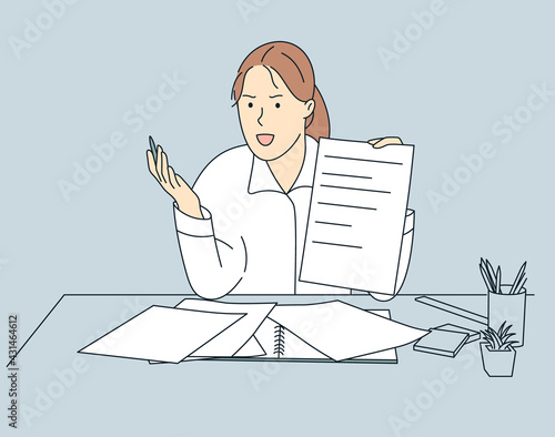 Education, guilt, conflict, conviction concept. Young angry woman teacher in class swearing and negative emotions.