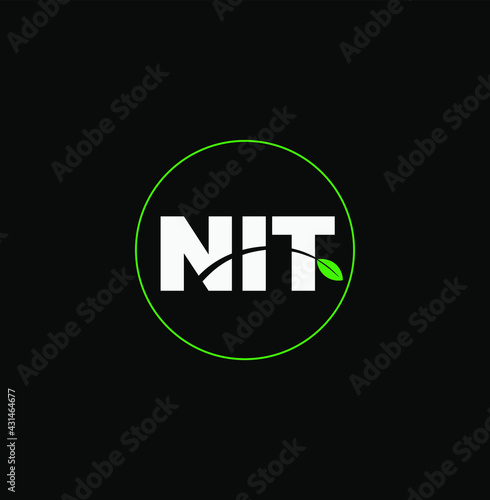 NIT initial company letters monogram with green leaf. NIT and green leaf logo in green line circle.