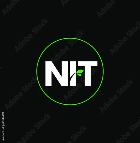 NIT initial letters monogram with green leaf. NIT with green leaf company name logo unit.