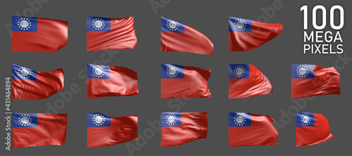 Myanmar flag isolated - various pictures of the waving flag on grey background - object 3D illustration