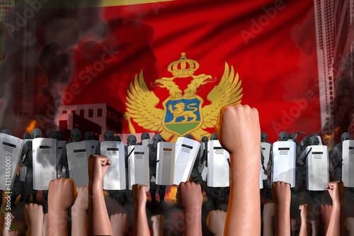 demonstration stopping concept - protest in Montenegro on flag background, police special forces stand against the protesting crowd - military 3D Illustration