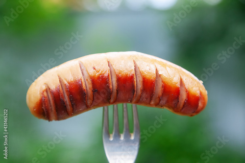 Grilled sausage on fork close-up on a green background outdoor