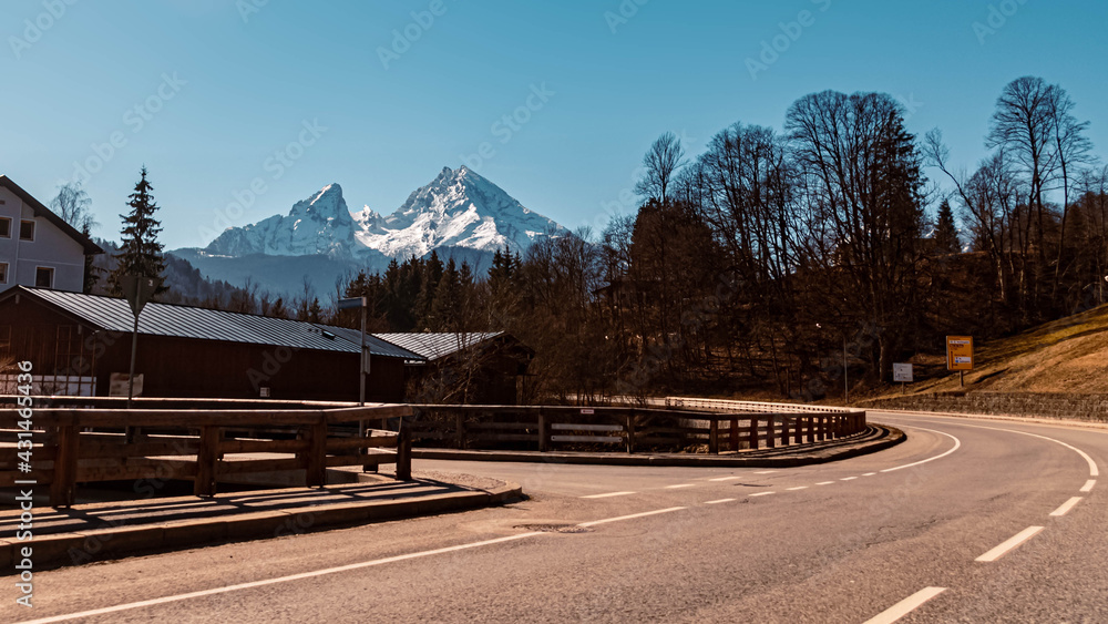 Beautiful winter view on a sunny day with the famous Watzmann summit in the background near Berchtesgaden, Bavaria, Germany