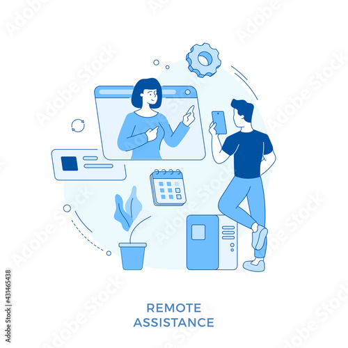 Linear flat Remote assistant concept vector illustration. Female cartoon character support manager communicating with male customer online. Online consultation. Virtual consultant