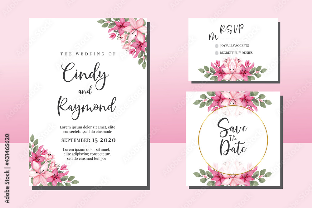 Fototapeta premium Wedding invitation frame set, floral watercolor hand drawn Pink Lily Flower design Invitation Card Template