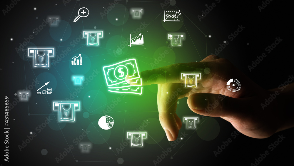 Fototapeta premium Businessman finger touching on screen multimedia interface with hand drawn currency icons