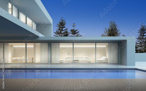 Perspective of modern luxury house with terrace and swimming pool in night sky background, Exterior. 3d rendering.