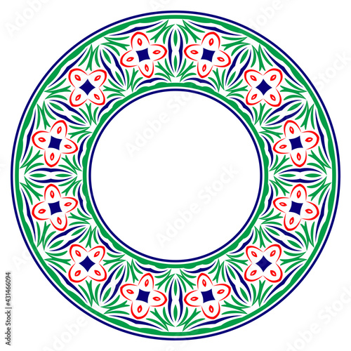 Decorative round ornament. Ceramic tile border. Pattern for plates or dishes. Islamic, indian, arabic motifs. Porcelain pattern design. Abstract floral ornament border