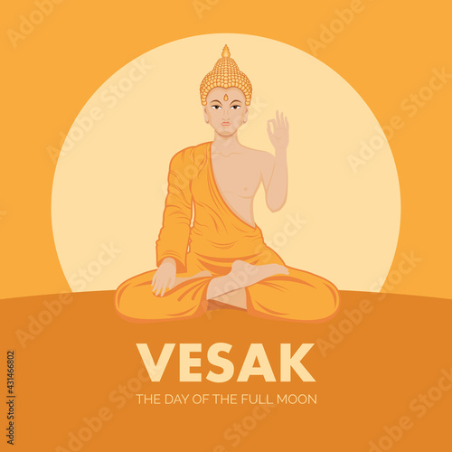 Vesak, the Day of the Full Moon vector. Sitting Buddha in lotus position vector. Buddhist holiday in May. Important day