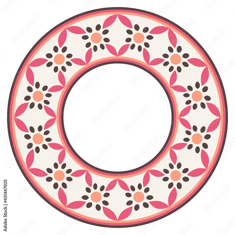 Decorative round ornament. Ceramic tile border. Pattern for plates or dishes. Islamic, indian, arabic motifs. Porcelain pattern design. Abstract floral ornament border