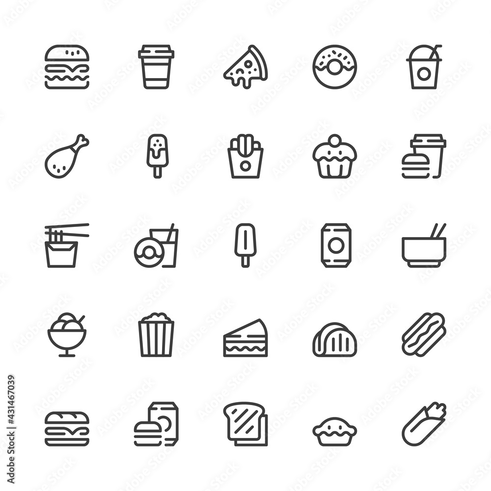Simple Interface Icons Related to Fast Food. Hamburger, Pizza, Fried Chicken, Instant Noodles. Editable Stroke. 32x32 Pixel Perfect. Simple Interface Icons Related to Fast Food. Hamburger, Pizza, Fried Chicken, Instant Noodles. Editable Stroke. 32x32 Pixel Perfect.