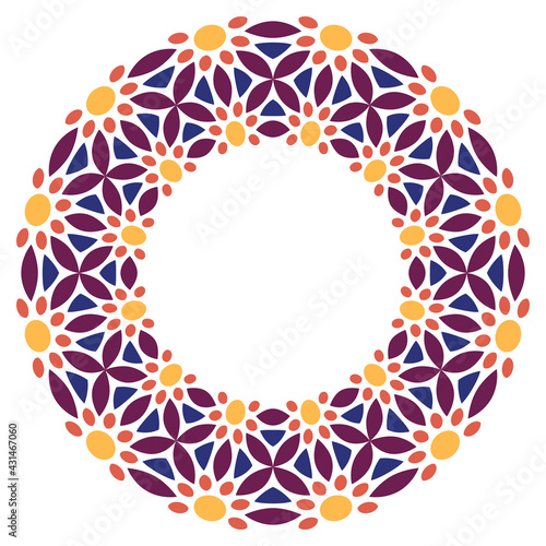 Decorative round ornament. Ceramic tile border. Pattern for plates or dishes. Islamic, indian, arabic motifs. Porcelain pattern design. Abstract floral ornament border